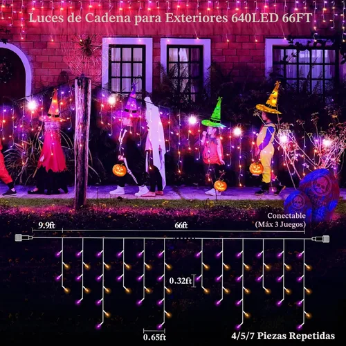Vista 2 de JXLEDAYY 65 pies 640 luces LED de Halloween decoraciones exteriores luces de cadena de alambre transparente con enchufe 120 gotas 8 modos