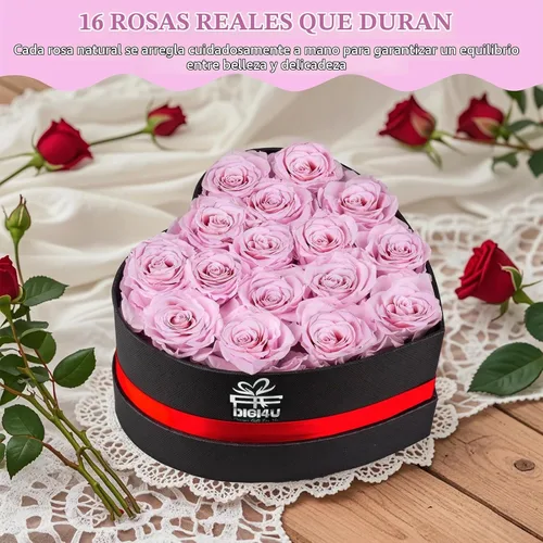 Vista 5 de Caja extra grande con forma de corazón de 16 rosas preservadas para siempre, con collar, regalos para el día de San Valentín para ella, novia