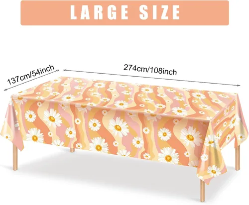 Vista 2 de Tiamon 3 manteles de plástico Groovy con diseño retro hippie para mesa rectangular, desechables, margaritas y arco iris, decoraciones de fiesta