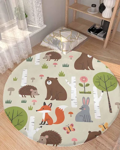 Vista 6 de Alfombra de área de 3 pies para interior, redonda, diseño de dibujos animados, conejo, oso, zorro, bosque, alfombra lanuda para niños, habitación