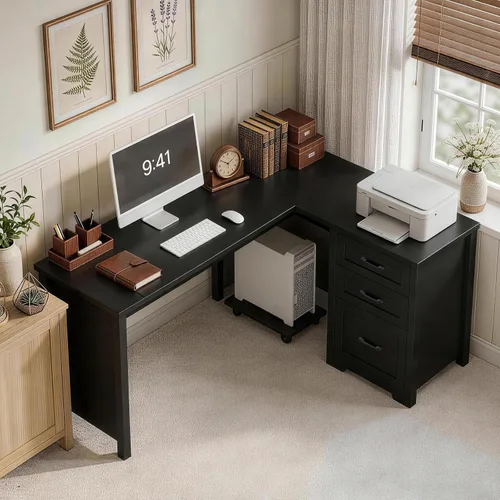 Vista 5 de Vabches Escritorio ejecutivo en forma de L de granja de 61 pulgadas con cajones de archivos, escritorio de esquina para computadora con soporte