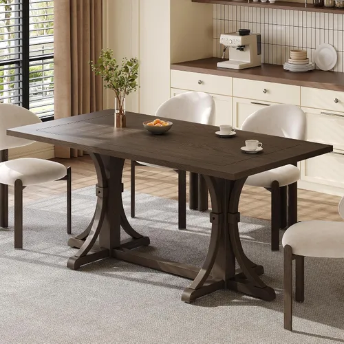 Vista 11 de Mesa de comedor extensible ovalada de madera con base de pedestal Marrón
