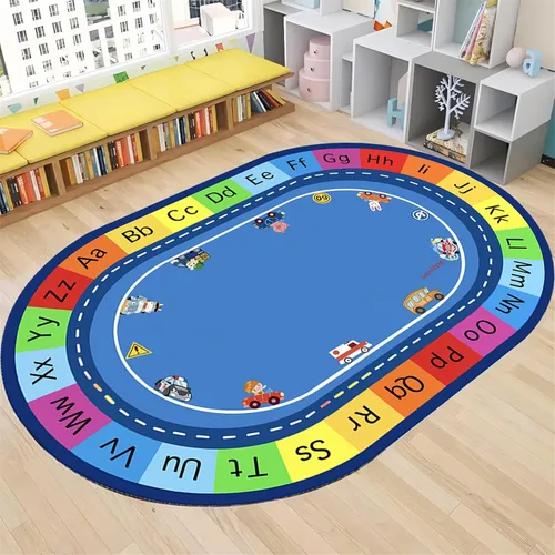 Vista 14 de Tapete de aprendizaje educativo para niños, 3 x 4 pies, tapete decorativo con diseño de planeta y alfabeto ABC, ovalado, grande, antideslizante