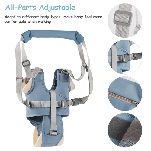Vista 3 de Arnés de mano para caminar para bebé, cinturón ajustable para niños pequeños, arnés para caminar de pie, ayudante de aprendizaje con entrepierna Azul