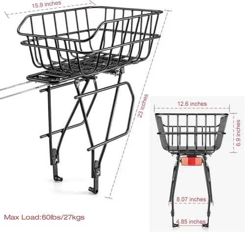 Vista 5 de CXWXC Portabicicletas trasero con cesta – Portabicicletas para freno de disco/soporte de freno sin disco – Portabicicletas, soporte de transporte