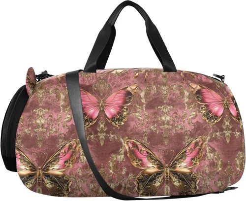 Vista 2 de Peach Gold Vintage Butterfly Gym Duffel Bag with Shoes Compartment Lightweight Kids Overnight Bag for Beach Swim Pool Sports bolso para gym mujer