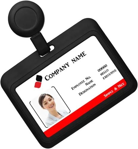 Vista 2 de Funda para tarjetas de identificación horizontal con clip de carrete retráctil, resistente, tarjetas de crédito, suministros de oficina (negro)