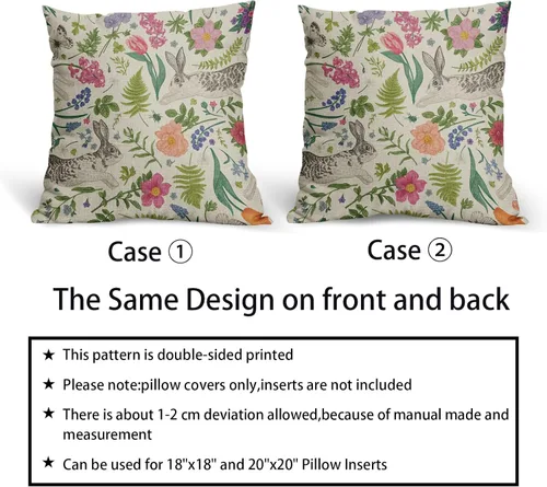 Vista 6 de Juego de 2 fundas de almohada de primavera de 16 x 16 pulgadas, diseño de conejo, flores rosas, hojas verdes salvia, plantas botánicas vintage