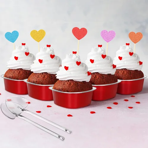 Vista 5 de Juego de 300 moldes para tartas en forma de corazón para el día de San Valentín, de 1.86 onzas, desechables, mini moldes para tartas con tapas