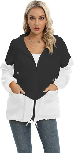 Vista 5 de Chaqueta casual para mujer, impermeable, ligera, con capucha, rompevientos, con bolsillos