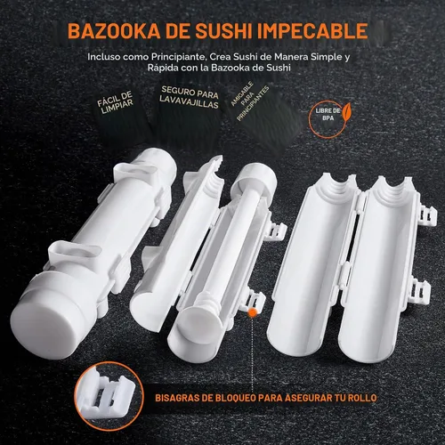 Vista 7 de ISSEVE - Kit de fabricación de sushi 25 en 1 con sushi bazuca y moldes de bambú Juego de bricolaje para principiantes para rollos, nigiri