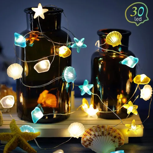 Vista 6 de Guirnalda de luces con temática oceánica, 30 luces LED de hadas de conchas de mar de 10 pies, 1 unidad 8 modos de iluminación, USB y batería