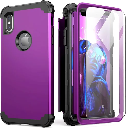 Vista 12 de IDweel Funda para iPhone Xs Max con protector de pantalla de vidrio templado, absorción de golpes 3 en 1, protección resistente, cubierta de Negro