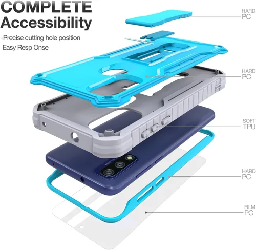 Vista 4 de FITO Funda para Moto G Pure, funda resistente a prueba de golpes de doble capa con un protector de pantalla de vidrio, soporte integrado (azul)
