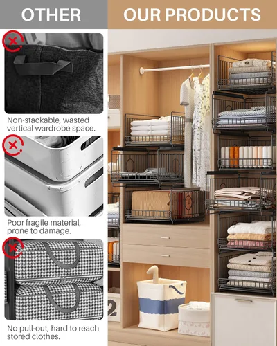 Vista 4 de 3 Pack Sliding Stackable Closet Organizer Storage Basket,Black