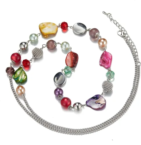 Vista 2 de FULU AUTUMN Collares largos de cuentas para mujer, collar de cadena de eslabones de plata con cuentas de cristal de concha, regalos de fiesta