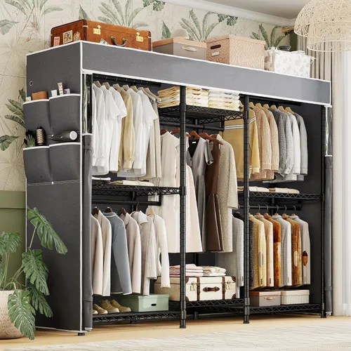 Vista 2 de Raybee Perchero de ropa con cubierta, perchereros para colgar ropa resistente, armario portátil con estantes, ajustable, carga de 905 LBS, negro