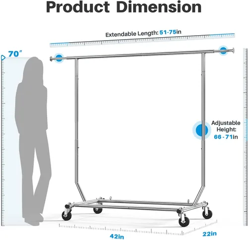 Vista 6 de HOKEEPER Perchero para ropa, percheros enrollables para colgar ropa, perchero portátil con ruedas bloqueables, perchero de ropa resistente de uso