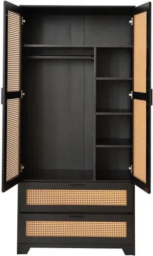 Vista 10 de Armario de madera de pino con puertas de ratán y dos cajones (negro)