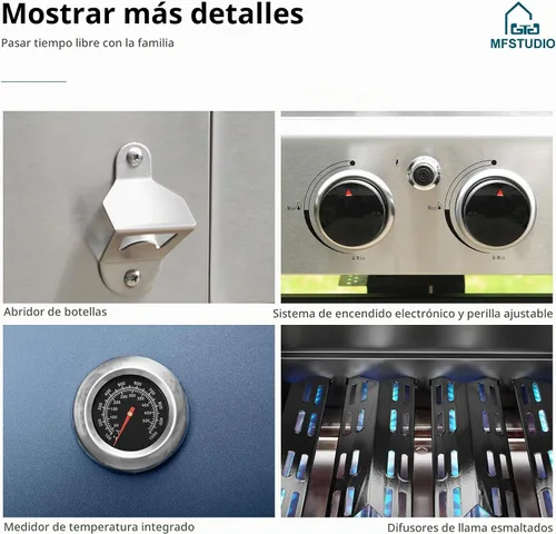 Vista 9 de MFSTUDIO - Parrilla de gas para barbacoa de acero inoxidable de 4 quemadores con quemador lateral, color azul