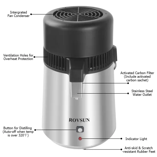 Vista 5 de Bonnlo Destilador de agua de acero inoxidable de 1.1 galones/4L con recipiente de vidrio, máquina de agua destilada de 750 W, destiladores de agua