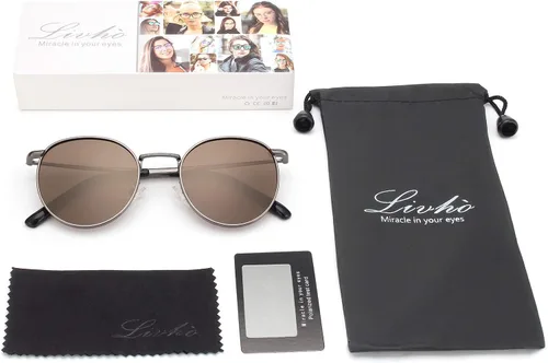 Vista 6 de livho Gafas de sol polarizadas con protección UV retro redondas hippie para mujeres y hombres a la moda pequeños lentes espejados marcos de metal