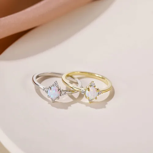 Vista 3 de SHINYSO Anillo de boda chapado en oro de 14 quilates para mujer, anillos finos y apilables, ópalo delicado con circonita cúbica, anillo