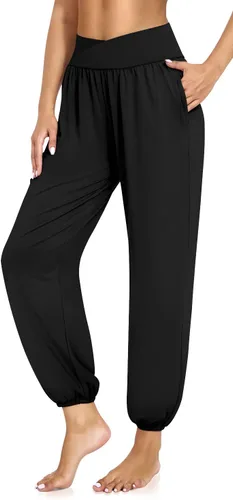 Vista 2 de UEU Pantalones deportivos de yoga con bolsillos para mujer, estilo harem cruzado, cintura alta, holgados, casuales, para descansar, para descansar