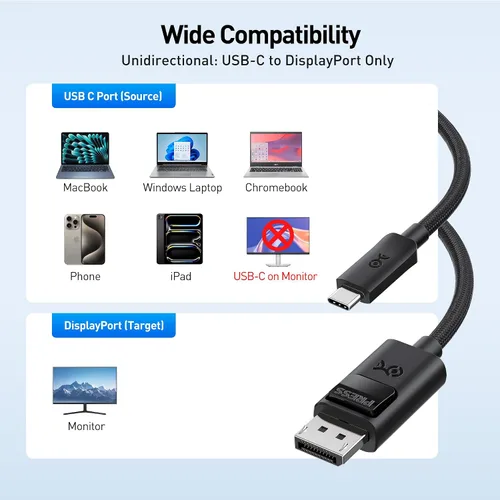 Vista 5 de Cable Matters Cable USB C a DisplayPort 2.1 unidireccional de 54 Gbps – 3 pies / 3.0 ft, soporta DP54, 8K @165Hz / 4K a 480Hz