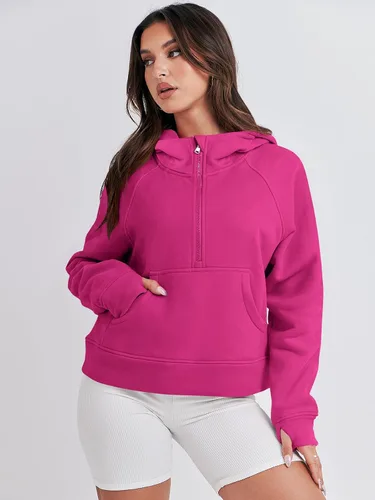 Vista 7 de ANRABESS Sudaderas con capucha corta con media cremallera para mujer, sudadera de forro polar con cremallera de un cuarto, ropa de invierno 2023