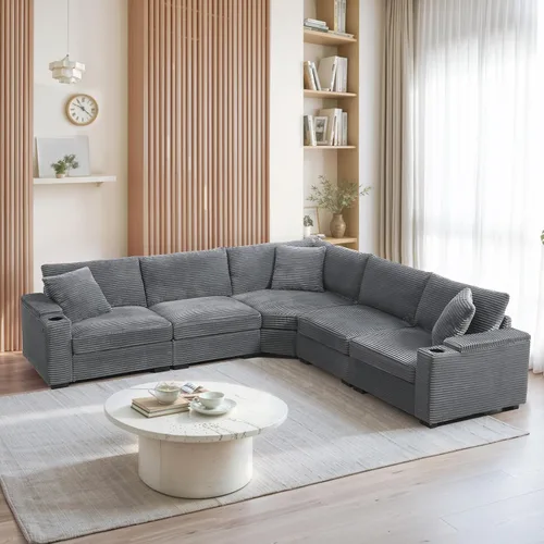 Vista 21 de Sofá modular de 103 pulgadas con 2 consolas acrílicas, juego de sofá en forma de U de gran tamaño con cargador USB, cajones de almacenamiento, Beige