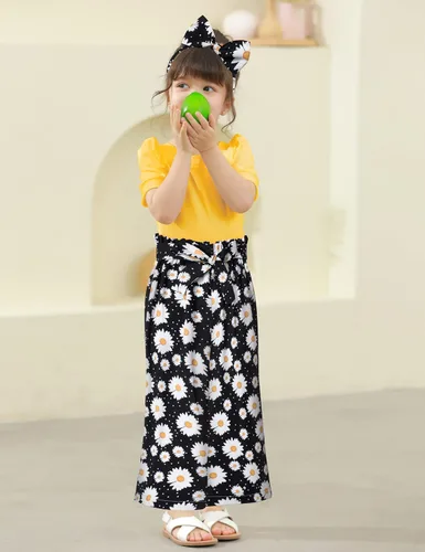 Vista 14 de DONWEN Conjunto de 3 piezas de ropa para niñas pequeñas y niñas con cuello cuadrado + pantalones elegantes + diadema para primavera y verano