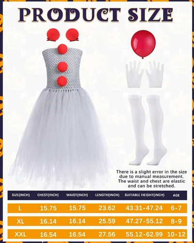Vista 2 de Hercicy Disfraz de payaso de Halloween para niñas, incluye tutú, guantes, calcetines, globos, cintas para cosplay