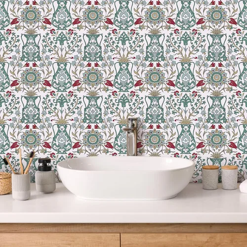 Vista 3 de CRE8TIVE Papel tapiz bohemio de 24 x 118 pulgadas, diseño floral árabe, papel tapiz removible, papel tapiz de vinilo verde/rojo/amarillo para pared