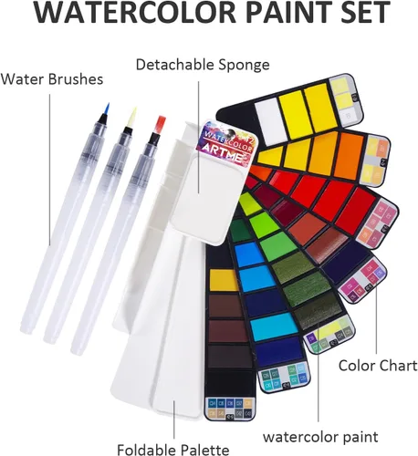 Vista 3 de Juego de pintura de acuarela, 42 colores surtidos con 3 pinceles, juego de bocetos de campo de acuarela plegable perfecto para pintura al aire libre