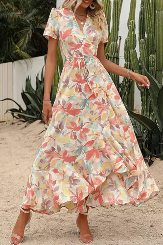Vista 2 de PRETTYGARDEN - Vestido largo de verano cruzado para mujer, con cuello en V, estilo bohemio, floral, manga corta, dobladillo con volantes