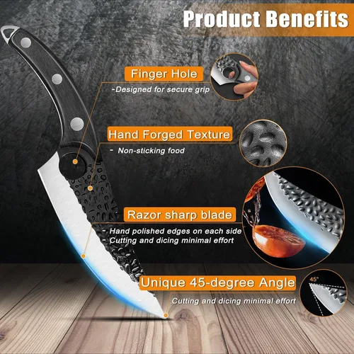 Vista 4 de ZENG Cuchillo de chef de 7 pulgadas, cuchillos de carnicero forjados a mano con funda, cuchillo japonés de acero de alto carbono para cortar carne