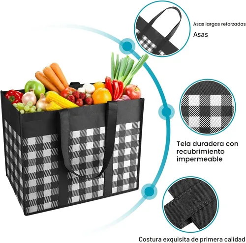 Vista 4 de WOWBOX Bolsas de comestibles reutilizables, paquete de 4, bolsas de compras plegables reutilizables a granel con asas reforzadas, bolsas