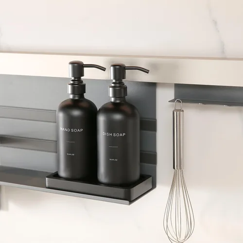 Vista 4 de Juego de dispensador de jabón negro mate Prus Waso, juego de dispensador de jabón de cocina con bomba de acero inoxidable negro, perfecto