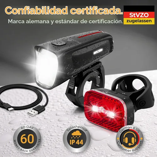 Vista 6 de Luces de bicicleta de 100 Lux - Batería de 2000 mAh - con reflector y luz de freno - USB-C recargable y a prueba de salpicaduras - Luces