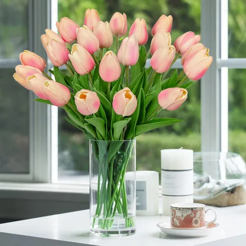 Vista 5 de 24 tulipanes rosas – Flores artificiales – Tulipanes artificiales de 13.5 pulgadas para el día de la madre, jarrón, centros de mesa, hogar, ramo