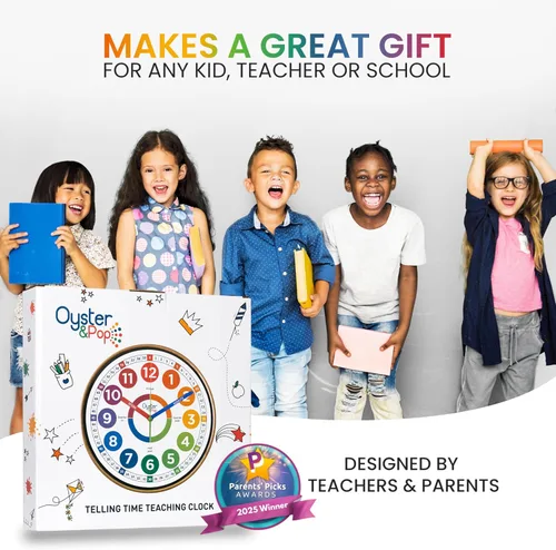 Vista 6 de Oyster&Pop Reloj de aprendizaje para niños - Reloj de enseñanza para decir la hora - Relojes de pared para niños para dormitorios - Decoración
