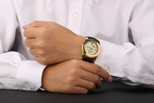 Vista 5 de Reloj automático para hombre chapado en oro de 18quilates de lujo reloj esqueleto resistente al agua dorado suave