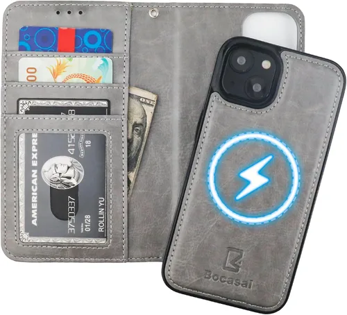 Vista 19 de Bocasal Funda tipo cartera desmontable para iPhone 14 con bloqueo RFID, ranuras para tarjetas, soporte de piel sintética de alta calidad, soporte
