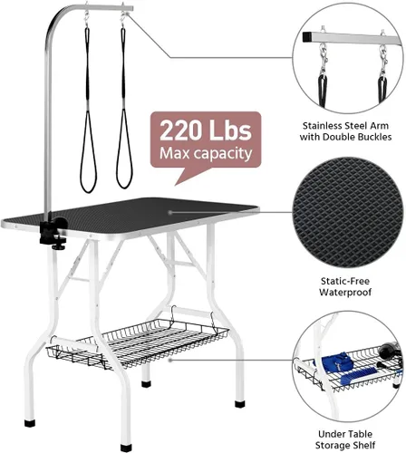 Vista 2 de Topeakmart Mesa plegable de aseo para perros – Mesa profesional para recortar gatos con abrazadera de brazo ajustable, bandeja de malla de 36