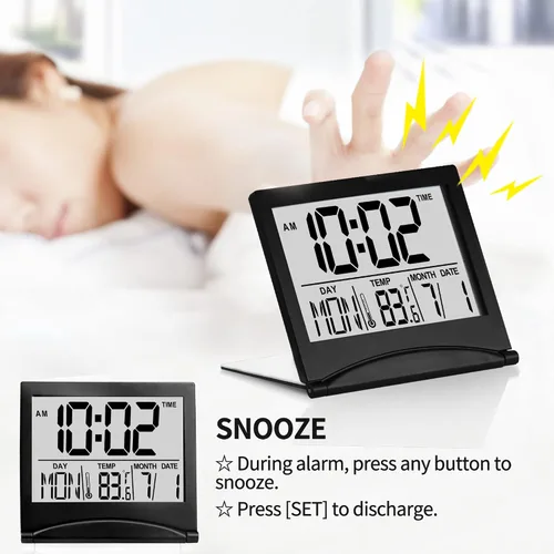 Vista 4 de Betus Reloj despertador digital de viaje, calendario plegable, temperatura y temporizador con repetición, pantalla de números grandes, funciona