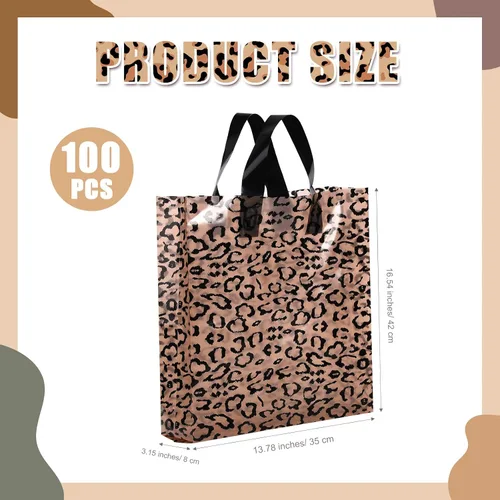 Vista 3 de Woanger 100 bolsas de compras de leopardo de plástico con estampado de guepardo, bolsa de regalo de leopardo para pequeñas empresas, fiesta