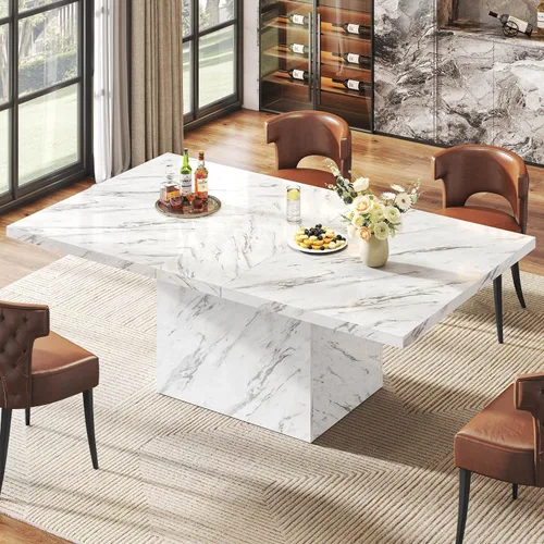 Vista 14 de HSH Mesa de comedor de mármol sintético negro, mesa de comedor moderna de 63 pulgadas para 6 personas, mesa de cocina rectangular de granja