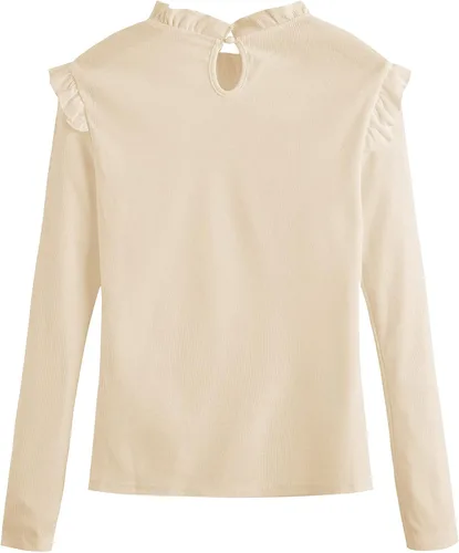 Vista 5 de Romwe - Blusa con abertura en la espalda, color liso, hombros con volantes, corte ajustado y cuello alto para mujeres