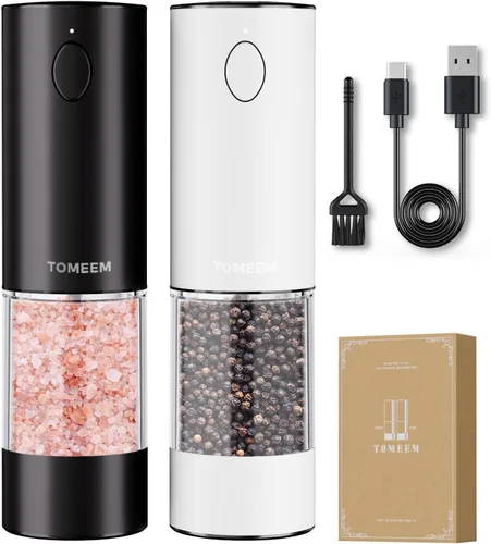 Vista 12 de TOMEEM Juego de molinillo eléctrico de sal y pimienta de mayor capacidad, recargable con luces LED, molinillo automático de pimienta y sal de acero